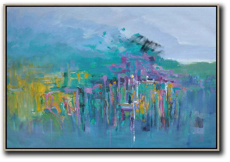 Large Abstract Art,Horizontal Abstract Landscape Oil Painting On Canvas,Colorful Wall Art,Blue,Yellow,Grey,Purple.etc